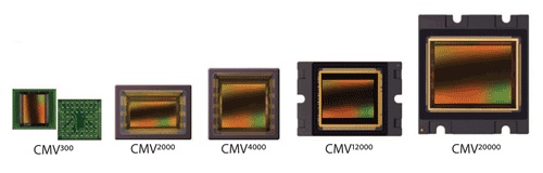A picture illustrating five CMOS sensors on a white background