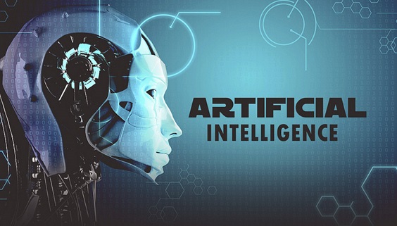 A picture illustrating artificial intelligence, with a high-tech robot on a blue dataset background