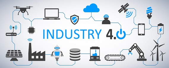 A picture illustrating the concept of industry 4.0, using a diagram consisting of mobile devices, drones, factories, robots, human workers, satellites, batteries, modems and big machinery, on a blue-white background