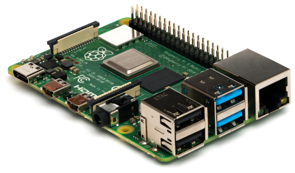 The Raspberry Pi 4 model B on a white background